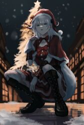 Rule 34 | 1girl, absurdres, black footwear, boots, bow, christmas tree, cross-laced footwear, dot nose, dress, ear piercing, from below, fur trim, green eyes, hat, highres, holding, holding sack, knee boots, kyano (kyanora3141), lace-up boots, looking at viewer, medium hair, night, open mouth, original, outdoors, piercing, pom pom (cheerleading), red bow, red dress, sack, santa dress, santa hat, sidelocks, snowing, solo, squatting, white hair