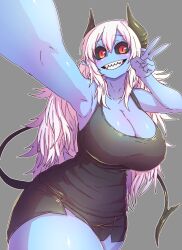 Rule 34 | 1girl, alternate costume, aohada bocchi, black sclera, black shorts, black tail, blue skin, blush, breasts, colored sclera, colored skin, curvy, demon girl, demon horns, demon tail, grey background, highres, horns, huge breasts, long hair, official alternate costume, outstretched arm, red eyes, ruri (aohada bocchi), selfie, sharp teeth, shorts, simple background, smile, tail, teeth, thick thighs, thighs, v, zyugoya