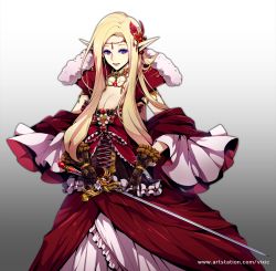Rule 34 | 1girl, blonde hair, blue eyes, bow, breasts, brown gloves, cleavage, cross-laced clothes, detached sleeves, dress, flower, gloves, gold trim, gradient background, grey background, hair flower, hair ornament, holding, holding sword, holding weapon, jewelry, long hair, medium breasts, official art, pointy ears, red bow, red dress, seikon no el dorado, standing, sword, vixi c, watermark, weapon, web address