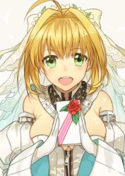 Rule 34 | 1girl, 2f sq, :d, ahoge, blonde hair, box, breasts, chain, cleavage, detached sleeves, fate/grand order, fate (series), flower, gift, gift box, gloves, green eyes, hair intakes, holding, holding gift, large breasts, looking at viewer, nero claudius (bride) (fate), nero claudius (bride) (second ascension) (fate), nero claudius (fate), nero claudius (fate) (all), open mouth, red flower, red rose, rose, shiny skin, short hair, simple background, smile, solo, upper body, veil, white background, white gloves, white sleeves, zipper