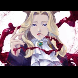 Rule 34 | 1boy, ascot, blonde hair, blood, blood on mouth, blue eyes, brooch, brown horns, demon boy, hei-b, highres, horns, jewelry, letterboxed, long hair, long sleeves, lugner (sousou no frieren), male focus, simple background, solo, sousou no frieren, upper body, white ascot, white background