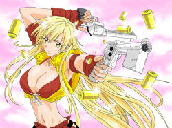 Rule 34 | 00s, 1girl, armband, blonde hair, breasts, cleavage, dual wielding, earrings, female focus, fingerless gloves, front-tie top, gloves, gradient background, grenadier (manga), gun, handgun, holding, jewelry, kaise sousuke, large breasts, long hair, midriff, navel, revolver, shell casing, smirk, solo, sparkle, tendou rushuna, very long hair, weapon, yellow eyes