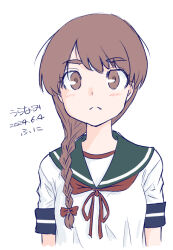 Rule 34 | 1girl, blue sailor collar, braid, brown eyes, brown hair, brown neckerchief, character name, dated, funipeta, hair over shoulder, kantai collection, long hair, neckerchief, one-hour drawing challenge, sailor collar, school uniform, serafuku, shirt, simple background, single braid, solo, thick eyebrows, upper body, uranami (kancolle), white background, white shirt
