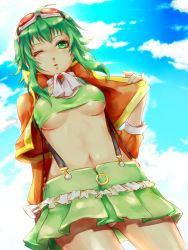 Rule 34 | 1girl, bad id, bad pixiv id, breasts, frilled skirt, frills, from below, goggles, goggles on head, green eyes, green hair, green skirt, gumi, headphones, highres, jacket, lma, matching hair/eyes, gumi (v3 megpoid), midriff, miniskirt, navel, one eye closed, panties, pantyshot, pleated skirt, red-tinted eyewear, short hair, skirt, sky, small breasts, solo, standing, suspender skirt, suspenders, tinted eyewear, underboob, underwear, vocaloid, wink