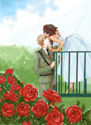Rule 34 | 1boy, 1girl, adapted costume, alternate hair length, alternate hairstyle, arm support, axis powers hetalia, bare shoulders, barefoot, belt, blonde hair, brown hair, cloud, couple, cover, cover page, dark skin, day, dress, eyebrows, closed eyes, flower, kissing forehead, garden, green eyes, hair ornament, hand on shoulder, head wreath, hetero, kiss, kissing forehead, kocho (kn88), leaning, leaning forward, looking up, low twintails, military, military uniform, necktie, pants, red flower, red rose, rose, sam browne belt, sash, seychelles (hetalia), skirt, sky, sleeveless, standing, standing on one leg, thick eyebrows, tiptoes, twintails, uniform, united kingdom (hetalia)