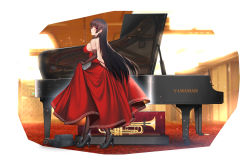 Rule 34 | 1girl, alternate costume, black footwear, black gloves, black hair, black legwear, breasts, dress, elbow gloves, full body, gloves, grand piano, high heels, highres, instrument, isokaze (kancolle), kantai collection, kitsune udon (ai br), large breasts, long hair, piano, red dress, red eyes, sleeveless, sleeveless dress, solo, standing