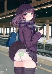 Rule 34 | 1girl, absurdres, ahoge, artist name, ass, bag, black scarf, black skirt, black thighhighs, blush, breath, can, coat, cowboy shot, fringe trim, from behind, highres, holding, holding can, long sleeves, looking at viewer, looking back, medium hair, melon print, melonbooks, miniskirt, night, oniku (oishii oniku), outdoors, panties, pantyshot, plaid, plaid scarf, pleated skirt, print panties, purple coat, purple eyes, purple hair, scan, scarf, school bag, short hair, skirt, snowing, soda, solo, standing, thighhighs, train station, underwear, upskirt, wind, wind lift, winter, winter clothes, winter coat
