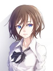 Rule 34 | 1girl, black ribbon, blue eyes, breasts, brown hair, close-up, closed mouth, dress shirt, expressionless, highres, looking away, medium breasts, neck ribbon, original, ribbon, school uniform, shadow, shirt, short hair, simple background, sketch, solo, sugi 214, white background, white shirt
