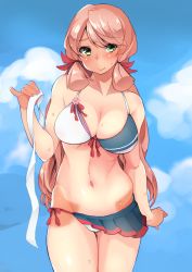 Rule 34 | 10s, 1girl, adapted costume, akashi (kancolle), bad id, bad tumblr id, bikini, blush, breasts, cleavage, cloud, curvy, day, fingernails, front-tie top, green eyes, hair ribbon, headband, holding, kantai collection, large breasts, long hair, md5 mismatch, outdoors, pink hair, ribbon, sacha, sky, smile, solo, standing, swimsuit, untied