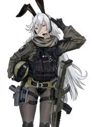 Rule 34 | 1girl, ammunition pouch, arm up, black gloves, black leotard, brown eyes, brown headwear, brown jacket, brown pantyhose, carrying, carrying under arm, commentary request, girls&#039; frontline, gloves, goggles, goggles on headwear, grey hair, gun, gun sling, h&amp;k xm8, hair between eyes, handgun, unworn headwear, helmet, unworn helmet, highres, holster, holstered, jacket, leotard, leotard under clothes, long hair, long sleeves, magazine (weapon), military jacket, mutugorou u, name connection, object namesake, pantyhose, pouch, puffy long sleeves, puffy sleeves, salute, simple background, solo, standing, thigh holster, very long hair, weapon, weapon request, white background, xm8 (girls&#039; frontline)