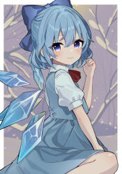 Rule 34 | 1girl, absurdres, ascot, blue dress, blue eyes, blue hair, blush, cirno, dress, highres, ice, ice wings, looking at viewer, necono (nyu6poko), puffy short sleeves, puffy sleeves, red ribbon, ribbon, short sleeves, smile, snow, solo, touhou, wings