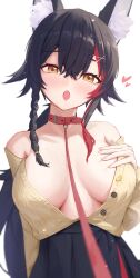 Rule 34 | 1girl, :o, animal ear fluff, animal ears, bare shoulders, black hair, braid, breasts, breasts apart, collar, collarbone, hair ornament, hand on own chest, highres, hololive, large breasts, leash, long hair, looking at viewer, multicolored hair, ookami mio, ookami mio (street), open clothes, open mouth, open shirt, ponytail, pov, red collar, shirt, solo, streaked hair, upper body, viewer holding leash, virtual youtuber, white background, wolf ears, wolf girl, x hair ornament, yellow eyes, yellow shirt, zetacat