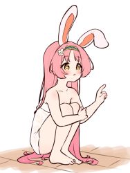 Rule 34 | 1girl, :o, animal ears, bare arms, bare legs, bare shoulders, barefoot, blush, brown eyes, collarbone, flower, full body, hair flower, hair ornament, hands up, hugging own legs, knees up, long hair, mimi (princess connect!), naked towel, parted bangs, parted lips, pink hair, princess connect!, rabbit ears, setmen, simple background, solo, squatting, towel, very long hair, white background, white flower, wooden floor