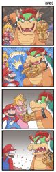 Rule 34 | 1girl, 2boys, 4koma, armlet, avengers: infinity war, avengers (series), ayyk92, blonde hair, blue gemstone, blue overalls, bowser, bracelet, brown hair, bulging eyes, check source, comic, crossover, crown, emphasis lines, english text, eye pop, facial hair, gem, hat, highres, horns, infinity gauntlet, infinity stones, irony, jewelry, mario, marvel, marvel cinematic universe, meme, multiple boys, mustache, nintendo, overalls, princess peach, red hair, snapping fingers, snot, sound effects, source request, spiked armlet, spiked bracelet, spiked shell, spikes, thanos