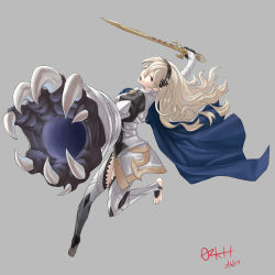Rule 34 | 1girl, absurdres, armor, artist name, barefoot, black gloves, black hairband, blonde hair, blue cape, cape, corrin (female) (fire emblem), corrin (fire emblem), dated, feet, fire emblem, fire emblem fates, full body, gloves, hairband, highres, holding, holding weapon, long hair, nintendo, open mouth, ozkh, pointy ears, red eyes, signature, simple background, slit pupils, solo, sword, weapon, white background, yato (fire emblem)