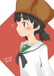 Rule 34 | 10s, 1girl, alternate costume, artist name, black neckerchief, blouse, blue eyes, blush stickers, brown hair, brown hat, check commentary, closed mouth, commentary, commentary request, dated, from side, fur hat, girls und panzer, hair tie, hat, highres, hoshikawa (hoshikawa gusuku), long sleeves, looking to the side, musical note, neckerchief, nina (girls und panzer), one-hour drawing challenge, ooarai school uniform, quarter note, school uniform, serafuku, shirt, short hair, short twintails, smile, solo, standing, twintails, upper body, ushanka, white shirt