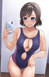 Rule 34 | 1girl, :p, biting tongue, blue eyes, blue one-piece swimsuit, blush, breasts, cellphone, cleavage cutout, clothing cutout, competition swimsuit, cowboy shot, fingernails, grey hair, hand up, highleg, highleg swimsuit, highres, holding, holding phone, igarashi kyouhei, legs together, love live!, love live! sunshine!!, medium breasts, medium hair, nail polish, navel, navel cutout, one-piece swimsuit, phone, pink nails, selfie, skindentation, smartphone, smile, solo, swept bangs, swimsuit, thigh gap, tongue, tongue out, watanabe you, wooden floor