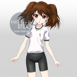 Rule 34 | 1girl, :o, artist name, bike shorts, black bike shorts, black shorts, blush, bra, bra visible through clothes, brown eyes, brown hair, character name, checkered background, collarbone, cowboy shot, eyes visible through hair, flat chest, gradient background, grey background, gym shirt, gym uniform, hair between eyes, inaba shiki, kantai collection, long hair, looking at viewer, ryuujou (kancolle), shirt, short sleeves, shorts, simple background, solo, standing, t-shirt, twintails, underwear, white shirt