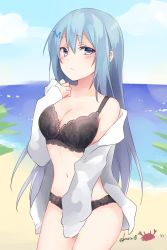 Rule 34 | 1girl, bare shoulders, beach, black bra, black panties, blue eyes, blue hair, blue sky, bra, breasts, cleavage, closed mouth, cloud, commentary request, cowboy shot, day, emori miku, frown, hair ornament, hand up, highres, horizon, jacket, kuroi (liar-player), liver city, long hair, long sleeves, looking at viewer, medium breasts, navel, ocean, off shoulder, open clothes, open jacket, outdoors, panties, sidelocks, sky, solo, standing, stomach, thighs, twitter username, underwear, very long hair, white jacket