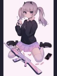 Rule 34 | 1girl, ak-47, assault rifle, bandaged hand, bandages, bandaid, black choker, black footwear, black hairband, black shirt, blue nails, breasts, brown eyes, cellphone, choker, closed mouth, commentary request, fake horns, grey background, grey hair, gun, hairband, hands up, highres, horns, kalashnikov rifle, long hair, long sleeves, nail polish, original, phone, pillarboxed, pink thighhighs, pleated skirt, purple skirt, rifle, shirt, shoes, sitting, skirt, small breasts, solo, thighhighs, tsuruse, twintails, wariza, weapon