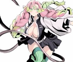 Rule 34 | black jacket, black skirt, blush, breasts, center opening, cleavage, closed mouth, green eyes, green hair, haori, highres, jacket, japanese clothes, kanroji mitsuri, kimetsu no yaiba, large breasts, long hair, long sleeves, mole, mole under eye, multicolored hair, partially unbuttoned, pink hair, rakeemspoon, ribbed legwear, simple background, skirt, solo, thighhighs, tri braids, weapon, whip sword, white background