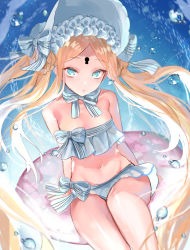 Rule 34 | 1girl, abigail williams (fate), abigail williams (swimsuit), abigail williams (swimsuit foreigner) (fate), abigail williams (swimsuit foreigner) (third ascension) (fate), absurdres, bare shoulders, bikini, bishooji, blonde hair, blue eyes, blush, bonnet, bow, braid, braided hair rings, breasts, fate/grand order, fate (series), forehead, hair bow, hair rings, highres, innertube, keyhole, long hair, looking at viewer, navel, parted bangs, sidelocks, sitting, small breasts, swim ring, swimsuit, twin braids, twintails, very long hair, water, white bikini, white bow, white headwear