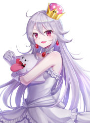 Rule 34 | 1girl, :d, bad id, bad pixiv id, bare shoulders, blush, boo (mario), cheek pull, commentary request, crown, dress, earrings, elbow gloves, fang, frilled dress, frilled gloves, frills, gloves, hair between eyes, highres, jewelry, long hair, looking at viewer, looking to the side, luigi&#039;s mansion, mario (series), mini crown, new super mario bros. u deluxe, nintendo, open mouth, princess king boo, red eyes, seungju lee, sharp teeth, shiny skin, silver hair, simple background, smile, strapless, strapless dress, super crown, sweat, teeth, tilted headwear, tongue, tongue out, very long hair, white background, white dress, white gloves