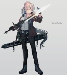 Rule 34 | 1girl, ankle boots, belt, black gloves, black pants, boots, brown jacket, character name, closed mouth, collared shirt, commentary, dress shirt, english commentary, full body, gloves, grey background, grey footwear, grey hair, hand up, highres, holding, holding sword, holding weapon, inabi, jacket, looking at viewer, open clothes, open jacket, orange eyes, original, pants, ponytail, popped collar, scabbard, sheath, shirt, simple background, solo, sword, unsheathed, weapon, white shirt, wing collar