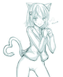 Rule 34 | 1girl, :d, animal ears, blazer, blush, bottomless, cat ears, cat tail, catsister (elona), collared shirt, cowboy shot, elona, english text, eyelashes, facing away, fang, female pubic hair, fur, gluteal fold, hair between eyes, hair ornament, heart, heart hair ornament, heart tail, interlocked fingers, jacket, legs apart, long sleeves, looking at viewer, necktie, open mouth, own hands clasped, own hands together, pubic hair, pussy, shirt, short hair, simple background, sketch, smile, solo, standing, tail, white background