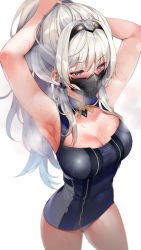 Rule 34 | 1girl, an-94 (girls&#039; frontline), armpits, arms up, bare arms, bare shoulders, black dress, blue eyes, blush, breasts, breath, cleavage, commentary, covered navel, cowboy shot, dress, girls&#039; frontline, grey panties, hair between eyes, hairband, highres, large breasts, long hair, mask, microdress, mirei, panties, ponytail, sidelocks, silver hair, simple background, sleeveless, sleeveless dress, smell, solo, standing, sweat, thighs, tying hair, underwear, white background