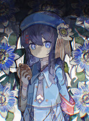 Rule 34 | 1girl, absurdres, arm at side, armband, beret, black necktie, blue eyes, blue flower, blue hair, blue hat, blue jacket, blue sailor collar, blue skirt, buttons, chromatic aberration, closed mouth, commentary request, cowboy shot, double-breasted, film grain, flower, gauze, gauze on cheek, hair ornament, hand up, hat, hat flower, highres, holding, holding pocket watch, jacket, long hair, long sleeves, necktie, original, passion flower, pocket watch, red armband, safety pin, sailor collar, skirt, skirt set, solo, soresaki, surrounded by flowers, watch, white flower, x hair ornament