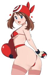 Rule 34 | 1girl, alternate costume, ass, ass focus, bandana, bare arms, bare shoulders, black gloves, blue eyes, blush, breasts, brown hair, cowboy shot, creatures (company), game freak, garter belt, garter straps, gloves, heart, heart-shaped pillow, highres, holding, holding pillow, holding poke ball, lingerie, looking at viewer, looking back, may (pokemon), medium breasts, multicolored clothes, multicolored gloves, nintendo, open mouth, pabsmikan, pillow, poke ball, pokemon, pokemon rse, red bandana, red thighhighs, simple background, skindentation, solo, thick thighs, thighhighs, thighs, twitter username, two-tone gloves, underwear, valentine, white background, white gloves