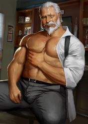 Rule 34 | 1boy, abs, absurdres, bara, bare pectorals, beard, blind, bulge, facial hair, gluteal fold, grabbing, grey pants, highres, indoors, male focus, mature male, muscular, muscular male, navel, nipples, old, old man, overwatch, overwatch 1, pants, pectoral grab, pectorals, reinhardt (overwatch), scar, scar across eye, scar on face, grabbing own breast, shirt, unworn shirt, short hair, solidbone, solo, spread legs, stomach, thighs, white shirt