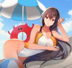 Rule 34 | 1girl, abyssal ship, beach, black hair, breasts, cleavage, closed mouth, cloud, collarbone, competition swimsuit, day, enemy lifebuoy (kancolle), hair between eyes, kantai collection, kasumi (skchkko), large breasts, light smile, long hair, looking at viewer, multicolored clothes, multicolored swimsuit, nagato (kancolle), one-piece swimsuit, parasol, red eyes, swimsuit, umbrella