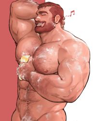 Rule 34 | 1boy, abs, bara, beard, chest hair, completely nude, dopey (dopq), facial hair, hairy, highres, large pectorals, male focus, muscular, navel, navel hair, nipples, nude, orange hair, original, pectorals, short hair, showering, simple background, smile, solo, thick thighs, thighs, washing