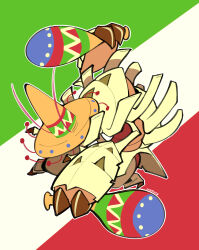 Rule 34 | animal focus, arms up, artist name, brown headwear, claws, covered face, creatures (company), dual wielding, flag background, full body, game freak, gen 7 pokemon, golisopod, hat, highres, holding, holding instrument, instrument, lilmoonie, maracas, mexican flag, mexico, nintendo, no humans, outline, outstretched arm, pokemon, pokemon (creature), signature, sombrero, white outline