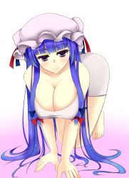 Rule 34 | 1girl, all fours, bare arms, bare legs, bare shoulders, blue hair, blush, breasts, cleavage, collarbone, dress, gradient background, hair ribbon, hanging breasts, hat, hat ribbon, large breasts, long hair, looking at viewer, mob cap, nitoridio, on floor, patchouli knowledge, purple eyes, ribbon, smile, solo, touhou, tress ribbon, very long hair, white dress