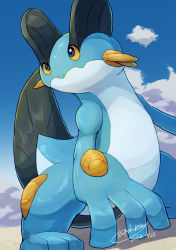 Rule 34 | absurdres, closed mouth, cloud, commentary request, creatures (company), dated, day, from below, game freak, gen 3 pokemon, highres, nintendo, no humans, outdoors, pokemon, pokemon (creature), signature, sky, solo, swampert, tanpakuroom