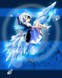 Rule 34 | 1girl, barefoot, blue hair, cirno, crystal, dress, feet, female focus, ham (points), ice, icicle, phantasmagoria of flower view, ribbon, short hair, solo, touhou, wings