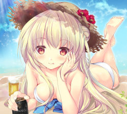 Rule 34 | 1girl, :p, bad id, bad pixiv id, beach, beer mug, bikini, blonde hair, breasts, brown eyes, can, cleavage, cup, day, guinness (beer), hair bun, hat, head rest, looking at viewer, lying, medium breasts, mug, on stomach, original, single hair bun, smile, solo, straw hat, suihi, swimsuit, the pose, tongue, tongue out, white bikini