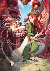 Rule 34 | 1girl, :d, absurdres, adapted costume, baggy pants, bandaid, beret, black footwear, blue sky, bow, braid, cloud, commentary request, day, fang, full body, green hat, green shirt, hair bow, hat, highres, hong meiling, kitada mo, long hair, mary janes, open mouth, outdoors, pants, pelvic curtain, petals, red eyes, red hair, shirt, shoes, short sleeves, sky, smile, solo, standing, star (symbol), touhou, twin braids, very long hair, white bow, white pants, wind, wristband