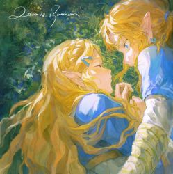 Rule 34 | 1boy, 1girl, baomianzi, blonde hair, blue eyes, blue shirt, blush, braid, closed eyes, grass, hair ornament, hairclip, highres, layered sleeves, link, long hair, long sleeves, looking at another, lying, medium hair, nintendo, on side, pointy ears, ponytail, princess zelda, shirt, short over long sleeves, short sleeves, signature, the legend of zelda, the legend of zelda: breath of the wild, upper body