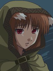Rule 34 | 00s, 1girl, animal ears, awa, brown hair, holo, jaggy lines, lowres, oekaki, red eyes, solo, spice and wolf, wolf ears