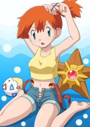 Rule 34 | 1girl, :o, absurdres, adjusting hair, alternate color, annoyed, armpits, arms up, barefoot, creatures (company), crop top, denim, denim shorts, game freak, gen 1 pokemon, gen 2 pokemon, green eyes, hairdressing, highres, looking at viewer, midriff, misty (pokemon), navel, nintendo, open fly, orange hair, panties, pantyshot, pokemoa, pokemon, pokemon (anime), pokemon (classic anime), pokemon (creature), rubber band, shiny skin, shorts, side ponytail, sitting, staryu, striped clothes, striped panties, suspenders, tank top, togepi, unbuttoned, underwear, undressing, unzipped, wariza