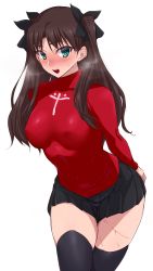 Rule 34 | 1girl, arms behind back, black skirt, black thighhighs, blush, breasts, covered collarbone, covered erect nipples, fate/stay night, fate (series), green eyes, heavy breathing, highres, large breasts, long hair, long sleeves, looking at viewer, namidame, open mouth, pleated skirt, red shirt, shirt, skirt, smile, solo, sweat, thighhighs, thighs, tohsaka rin, transparent background, two side up