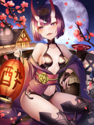 Rule 34 | 1girl, absurdres, bare shoulders, bob cut, breasts, collarbone, eyeliner, fate/grand order, fate (series), headpiece, highres, horns, japanese clothes, kimono, kyo (maae00), long sleeves, looking at viewer, makeup, oni, open mouth, purple eyes, purple hair, purple kimono, revealing clothes, short hair, shuten douji (fate), skin-covered horns, small breasts, smile, solo, thighs, wide sleeves