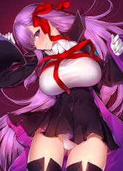 Rule 34 | 10s, 1girl, bb (fate), bb (fate), bb (fate/extra), blush, boots, breasts, cape, fate/extra, fate/extra ccc, fate (series), hair ribbon, highres, large breasts, long hair, looking at viewer, lying, on back, panties, purple eyes, purple hair, red ribbon, ribbon, smile, solo, thigh boots, thighhighs, underwear, very long hair, white panties, yaman (yamanta lov)
