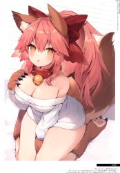 Rule 34 | 1girl, absurdres, animal ear fluff, animal ears, animal hands, bare shoulders, bell, between legs, blush, bow, breasts, brown eyes, claws, cleavage, collar, fate/grand order, fate (series), fox ears, fox girl, fox tail, hair bow, hand between legs, hand on own chest, highres, jingle bell, large breasts, long hair, looking at viewer, muryotaro, neck bell, off-shoulder sweater, off shoulder, open mouth, paw shoes, pink hair, ponytail, red bow, ribbed sweater, scan, seiza, shiny skin, simple background, sitting, solo, sweater, tail, tamamo (fate), tamamo cat (fate), thighs, white background