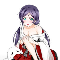 Rule 34 | 10s, 1girl, blood, breasts, bruise, cleavage, collarbone, green eyes, hair ribbon, hakama, hakama skirt, injury, japanese clothes, kimono, large breasts, long hair, looking at viewer, love live!, love live! school idol festival, love live! school idol project, off shoulder, open mouth, purple hair, red hakama, ribbon, roaru (gyuren), simple background, skirt, solo, tojo nozomi, twintails, very long hair, white background, white kimono, white ribbon