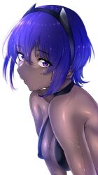 Rule 34 | 1girl, absurdres, bare shoulders, black hairband, blue hair, bouhatei (t-back), breasts, cleavage, commentary request, covered erect nipples, dark-skinned female, dark skin, fate/prototype, fate/prototype: fragments of blue and silver, fate (series), hairband, hassan of serenity (fate), highres, looking at viewer, medium breasts, parted lips, purple eyes, revision, short hair, simple background, solo, upper body, very dark skin, wet, wet hair, white background